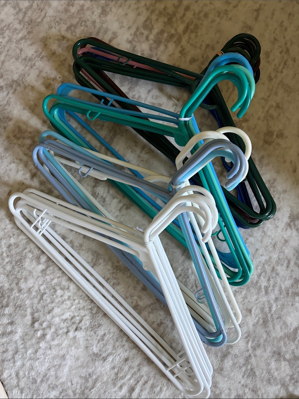 25 assorted Plastic Clothes Hangers Green, Teal, Pink, Blue, White